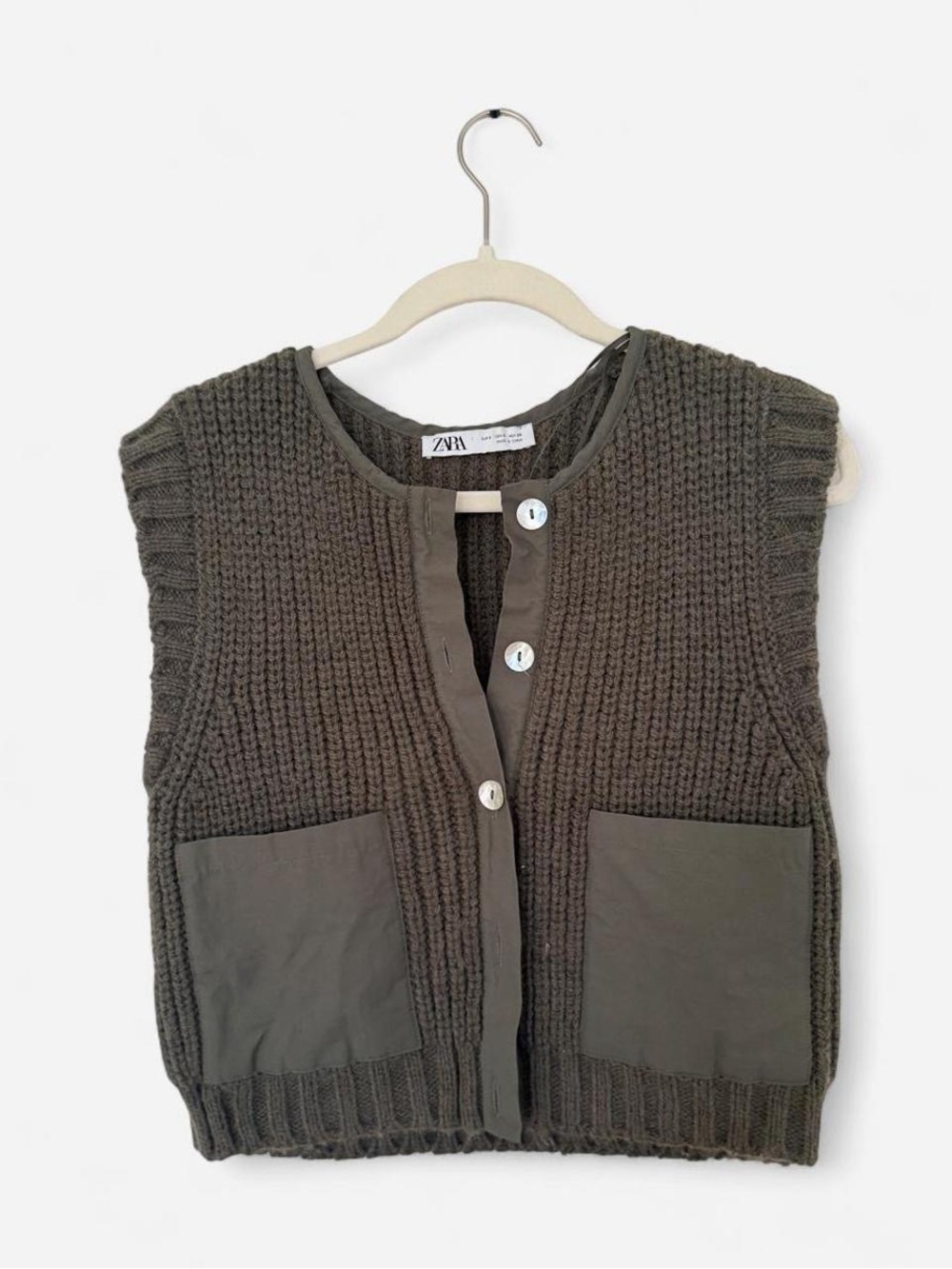 Zara Olive Knit Button-Front Vest with Patch Pockets
